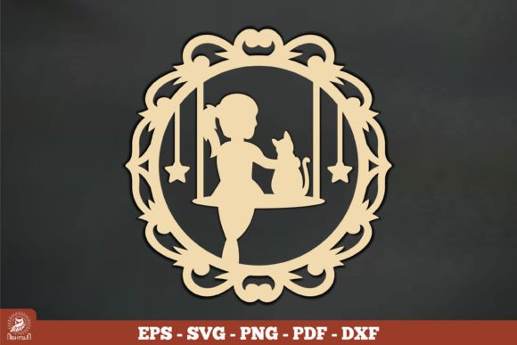 Girl and Cat Ornament Vintage SVG